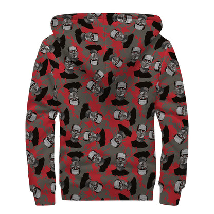 Horror Frankenstein Pattern Print Sherpa Lined Zip Up Hoodie