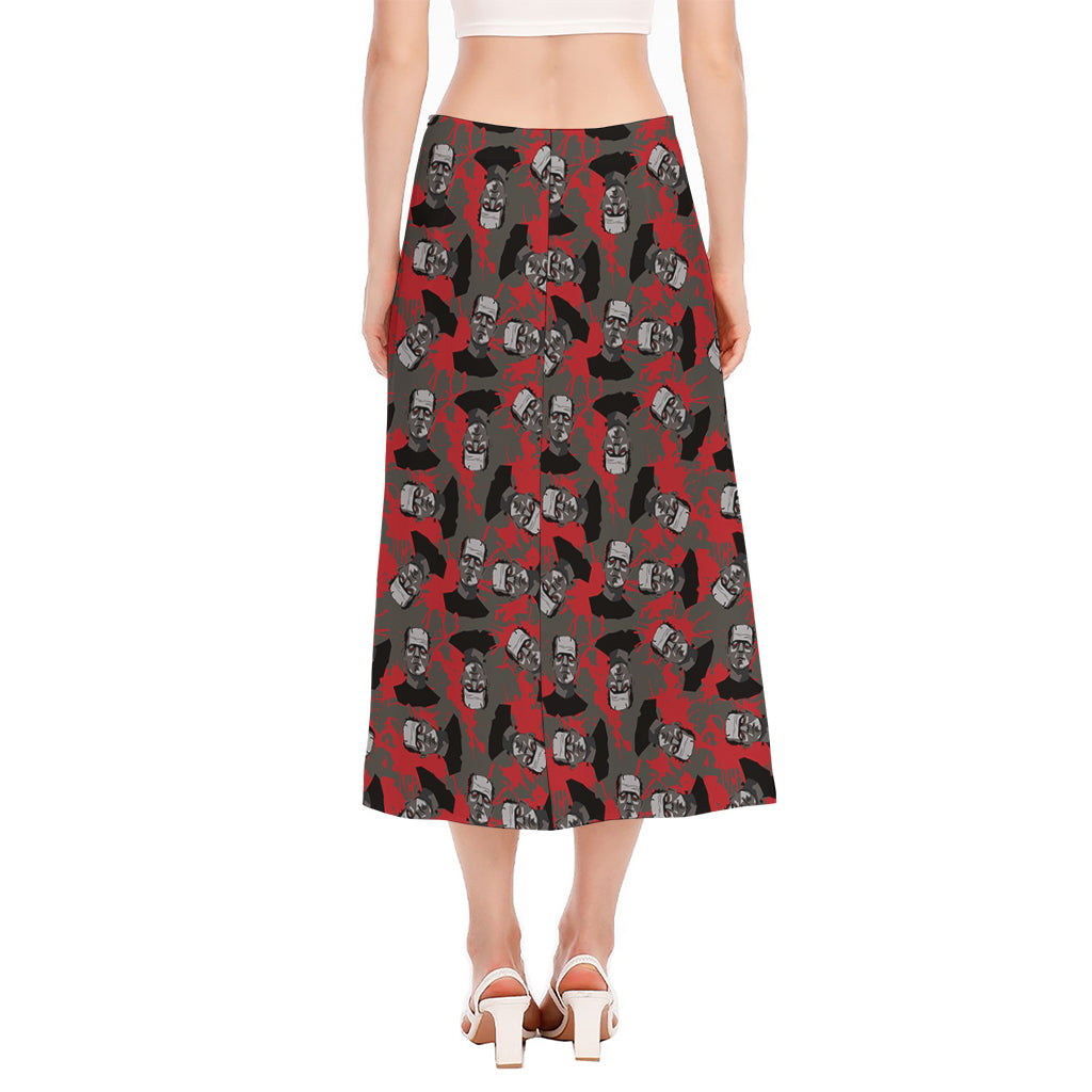 Horror Frankenstein Pattern Print Side Slit Midi Skirt