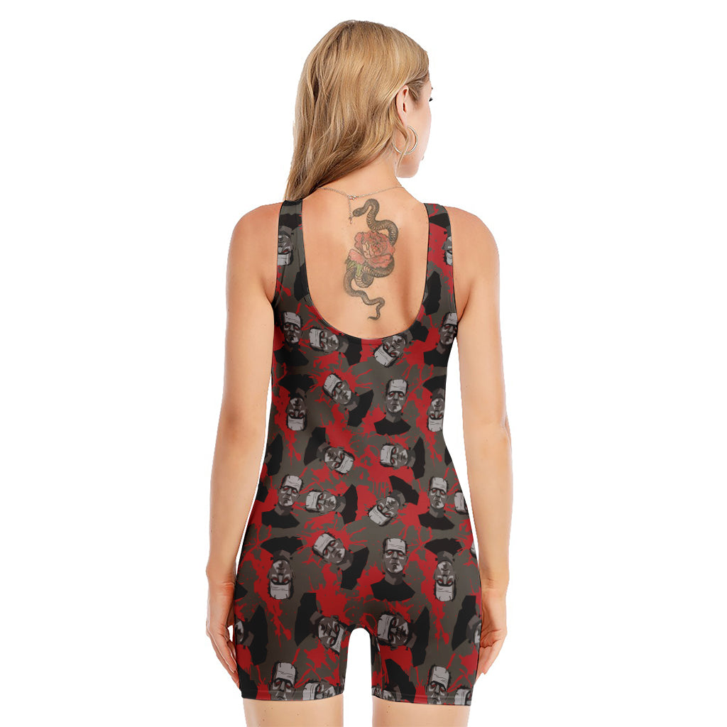 Horror Frankenstein Pattern Print Sleeveless One Piece Swimsuit