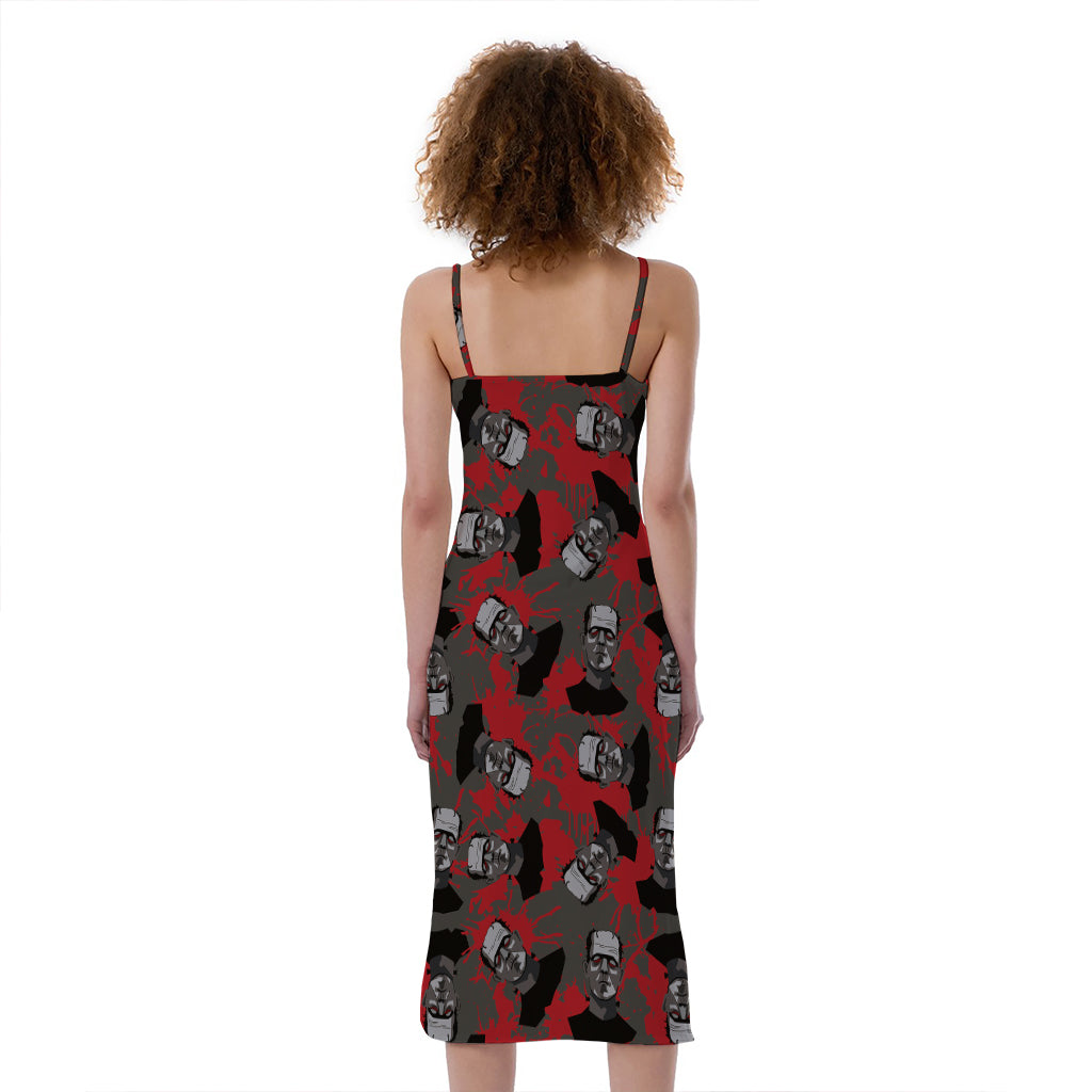 Horror Frankenstein Pattern Print Slim Fit Midi Cami Dress