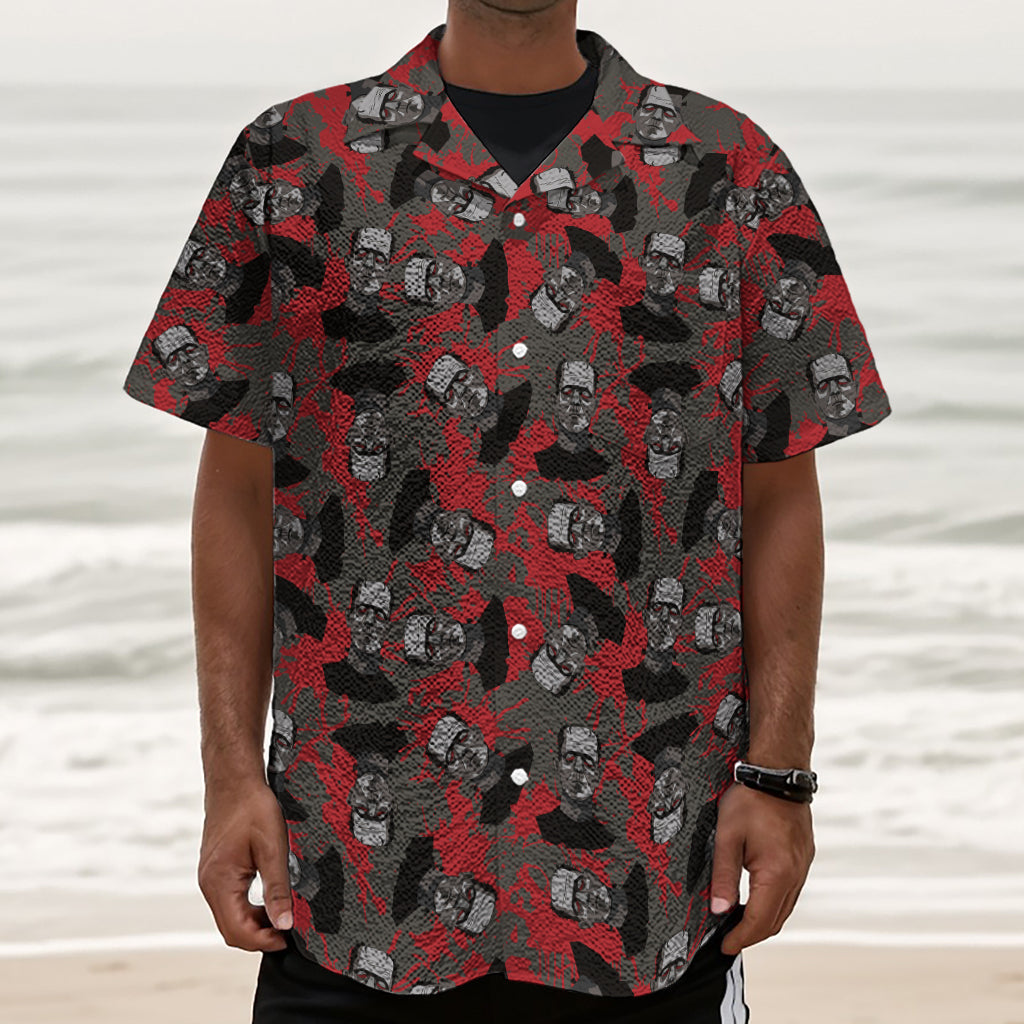 Horror Frankenstein Pattern Print Textured Short Sleeve Shirt