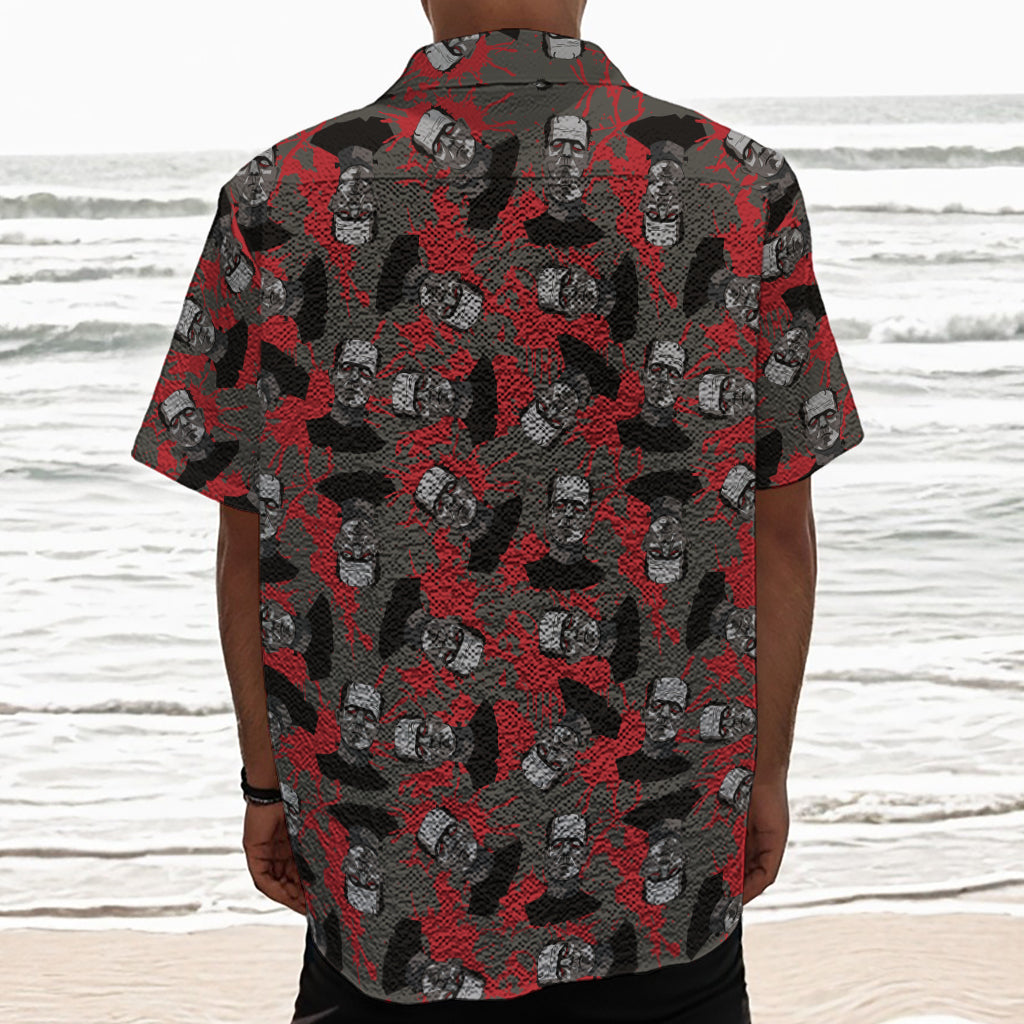 Horror Frankenstein Pattern Print Textured Short Sleeve Shirt