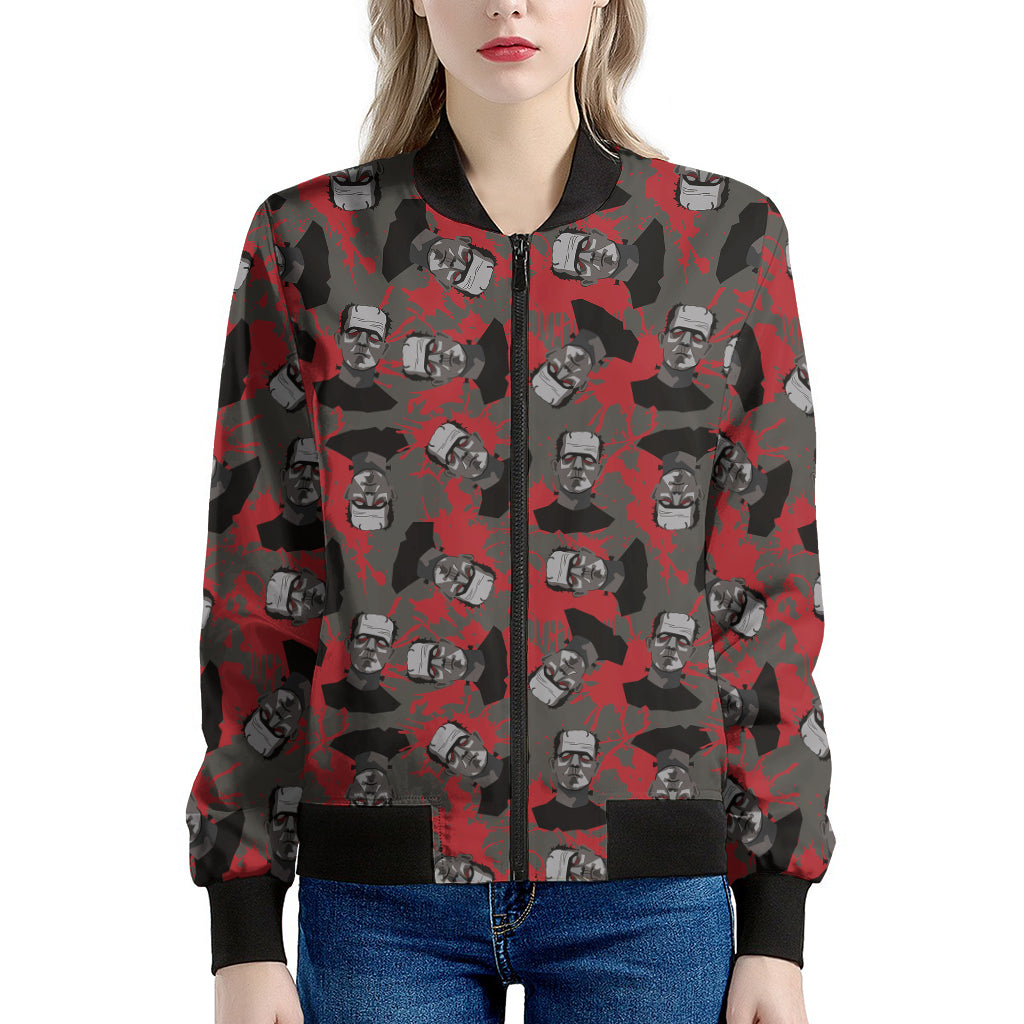 Horror Frankenstein Pattern Print Women's Bomber Jacket