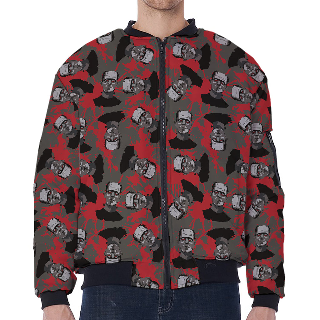 Horror Frankenstein Pattern Print Zip Sleeve Bomber Jacket