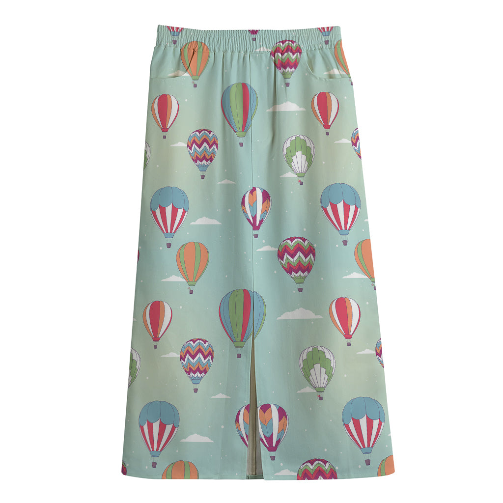 Hot Air Balloon Pattern Print Cotton Front Slit Maxi Skirt