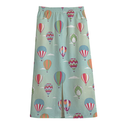 Hot Air Balloon Pattern Print Cotton Front Slit Maxi Skirt