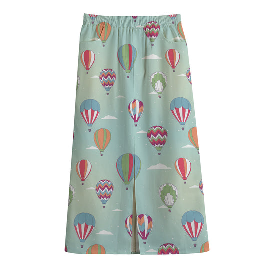 Hot Air Balloon Pattern Print Cotton Front Slit Maxi Skirt