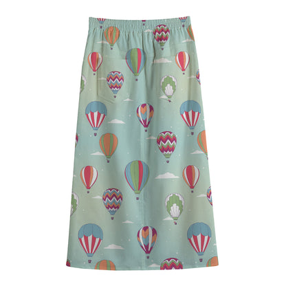 Hot Air Balloon Pattern Print Cotton Front Slit Maxi Skirt