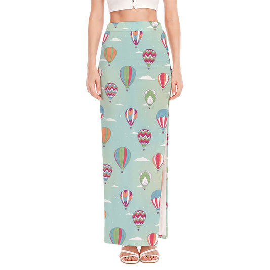 Hot Air Balloon Pattern Print High Slit Maxi Skirt