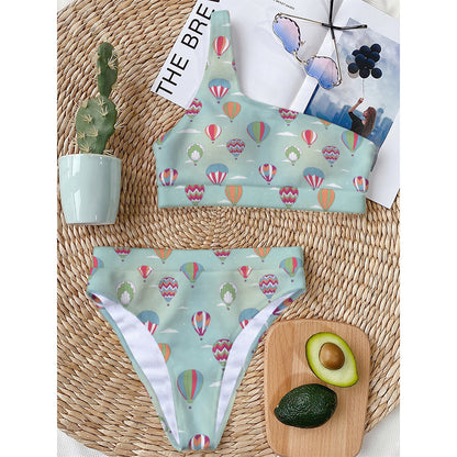 Hot Air Balloon Pattern Print One Shoulder Bikini Top