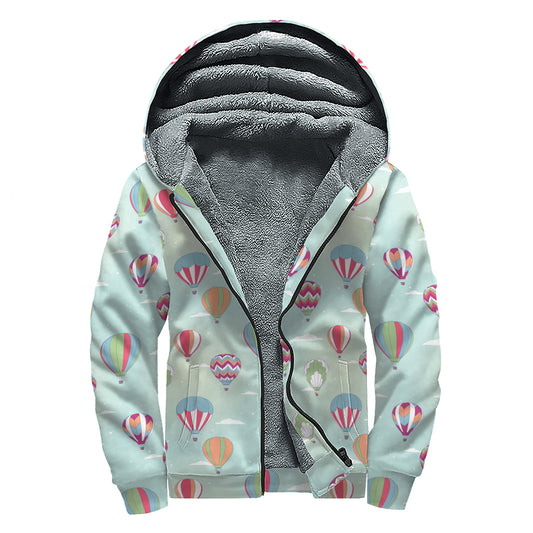 Hot Air Balloon Pattern Print Sherpa Lined Zip Up Hoodie