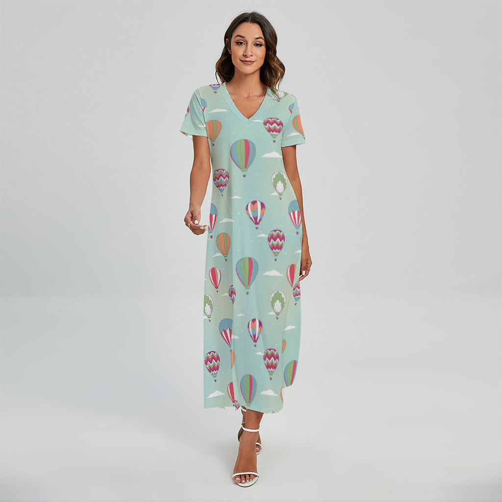 Hot Air Balloon Pattern Print Short Sleeve Maxi Dress