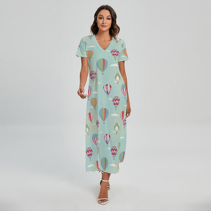 Hot Air Balloon Pattern Print Short Sleeve Maxi Dress