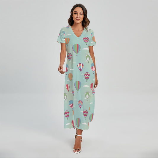 Hot Air Balloon Pattern Print Short Sleeve Maxi Dress