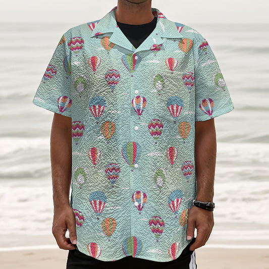 Hot Air Balloon Pattern Print Textured Short Sleeve Shirt