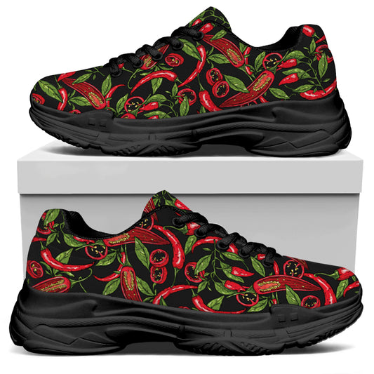 Hot Chili Peppers Pattern Print Black Chunky Shoes