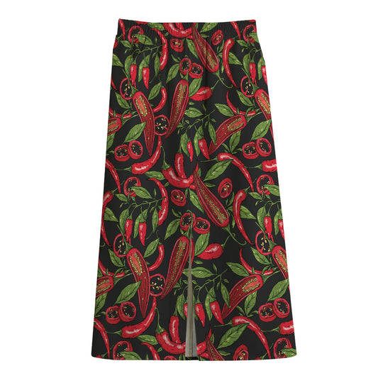 Hot Chili Peppers Pattern Print Cotton Front Slit Maxi Skirt