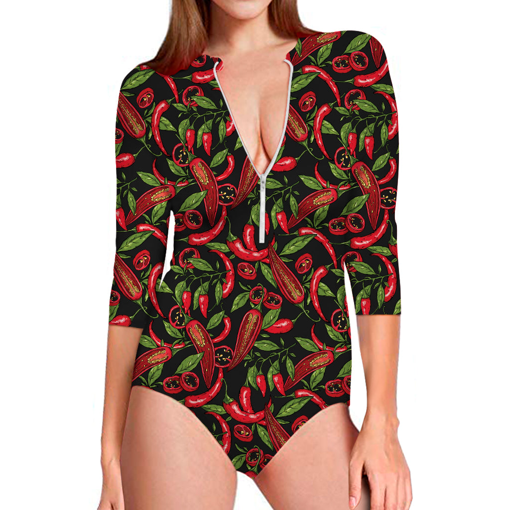 Hot Chili Peppers Pattern Print Long Sleeve Swimsuit