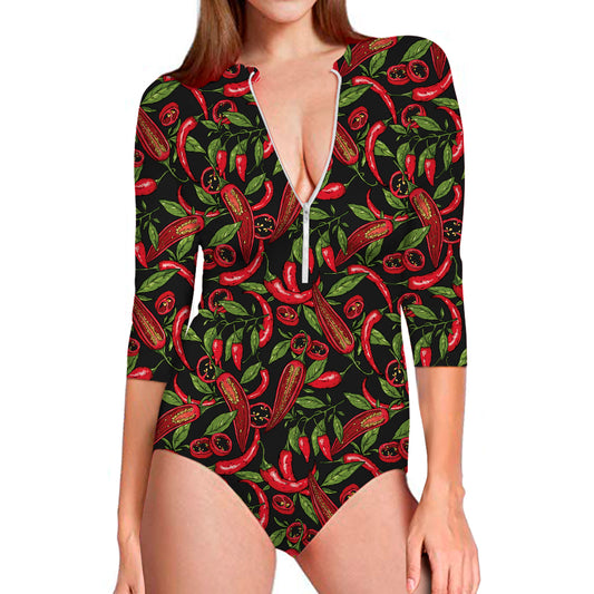 Hot Chili Peppers Pattern Print Long Sleeve Swimsuit