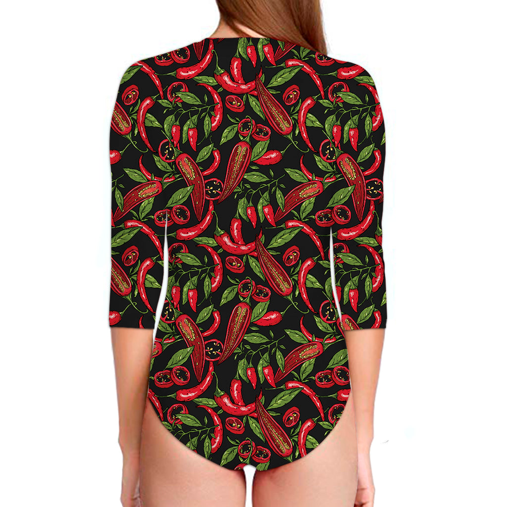 Hot Chili Peppers Pattern Print Long Sleeve Swimsuit