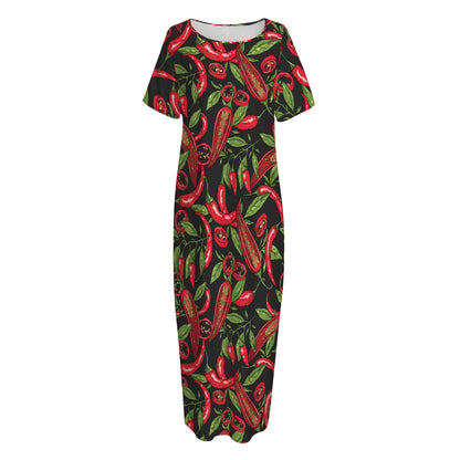 Hot Chili Peppers Pattern Print Short Sleeve Long Nightdress