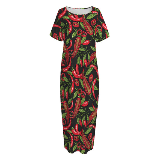 Hot Chili Peppers Pattern Print Short Sleeve Long Nightdress