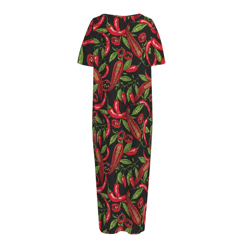 Hot Chili Peppers Pattern Print Short Sleeve Long Nightdress
