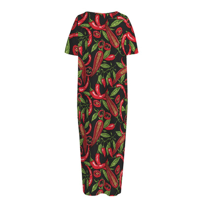 Hot Chili Peppers Pattern Print Short Sleeve Long Nightdress