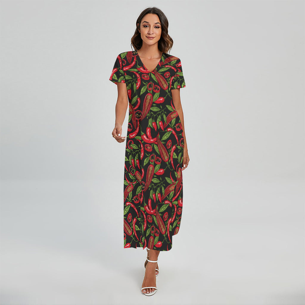 Hot Chili Peppers Pattern Print Short Sleeve Maxi Dress