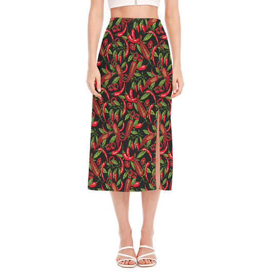 Hot Chili Peppers Pattern Print Side Slit Midi Skirt