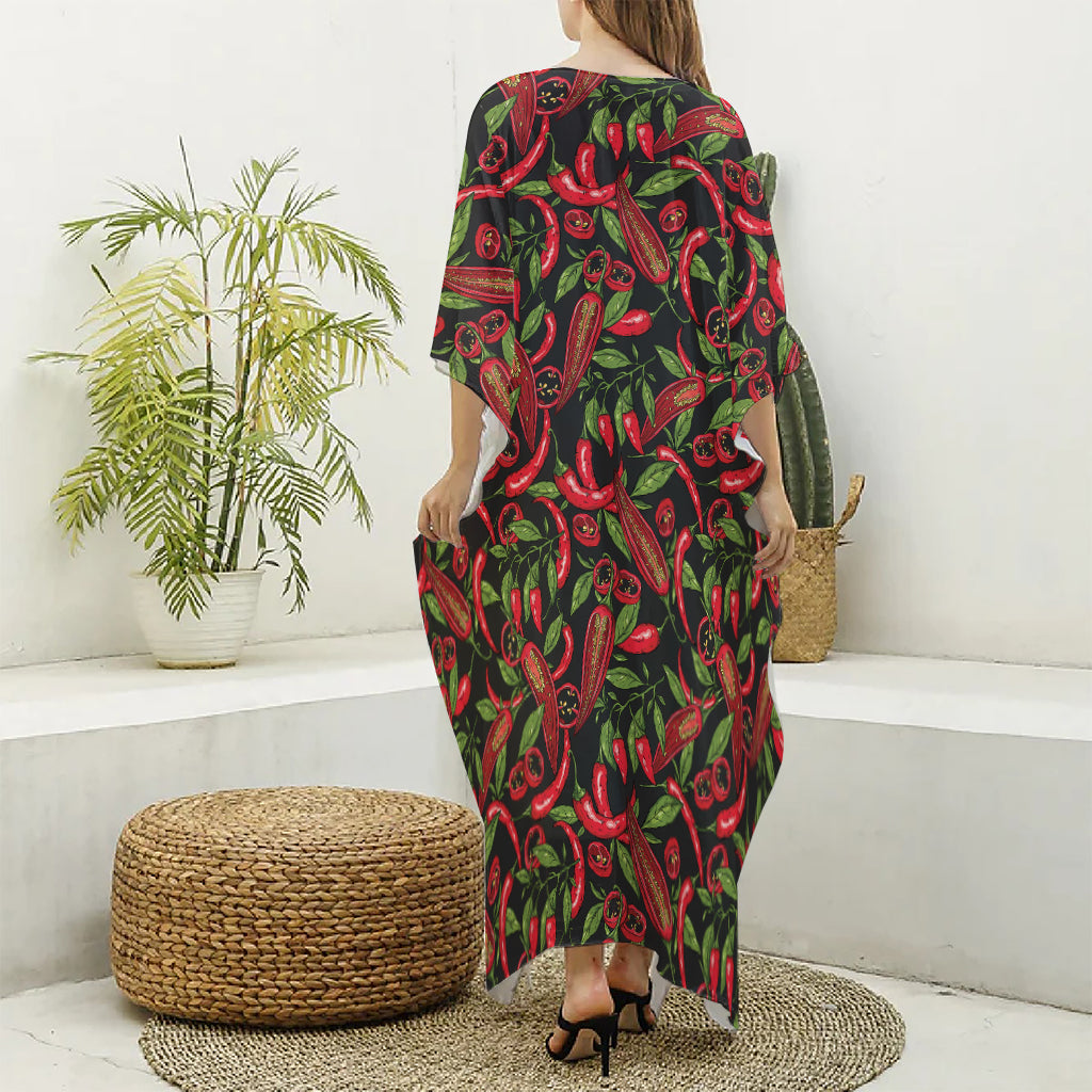 Hot Chili Peppers Pattern Print Silk V-Neck Kaftan Dress