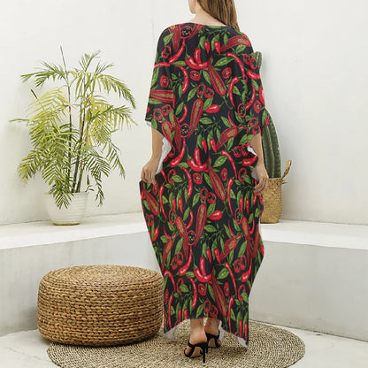 Hot Chili Peppers Pattern Print Silk V-Neck Kaftan Dress