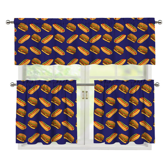 Hot Dog And Hamburger Pattern Print 3 Piece Kitchen Curtains