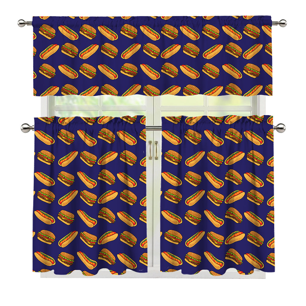Hot Dog And Hamburger Pattern Print 3 Piece Kitchen Curtains