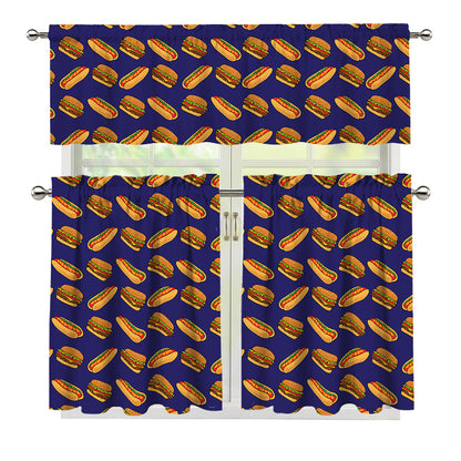 Hot Dog And Hamburger Pattern Print 3 Piece Kitchen Curtains
