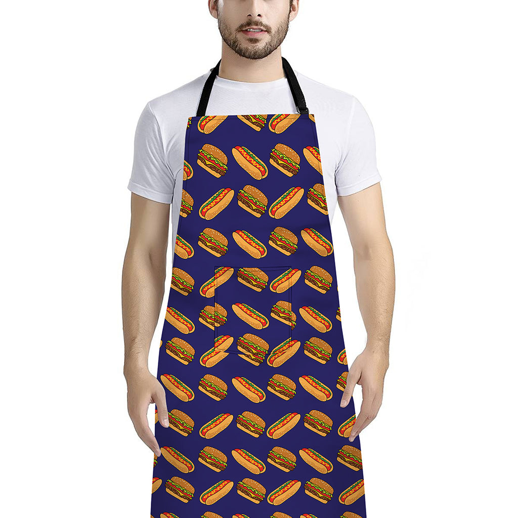 Hot Dog And Hamburger Pattern Print Bib Apron With Pocket