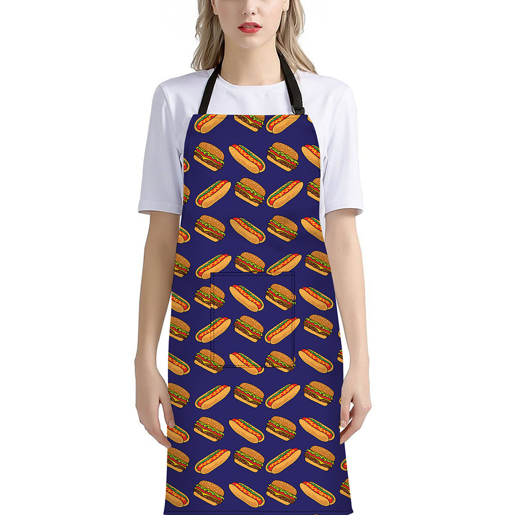 Hot Dog And Hamburger Pattern Print Bib Apron With Pocket