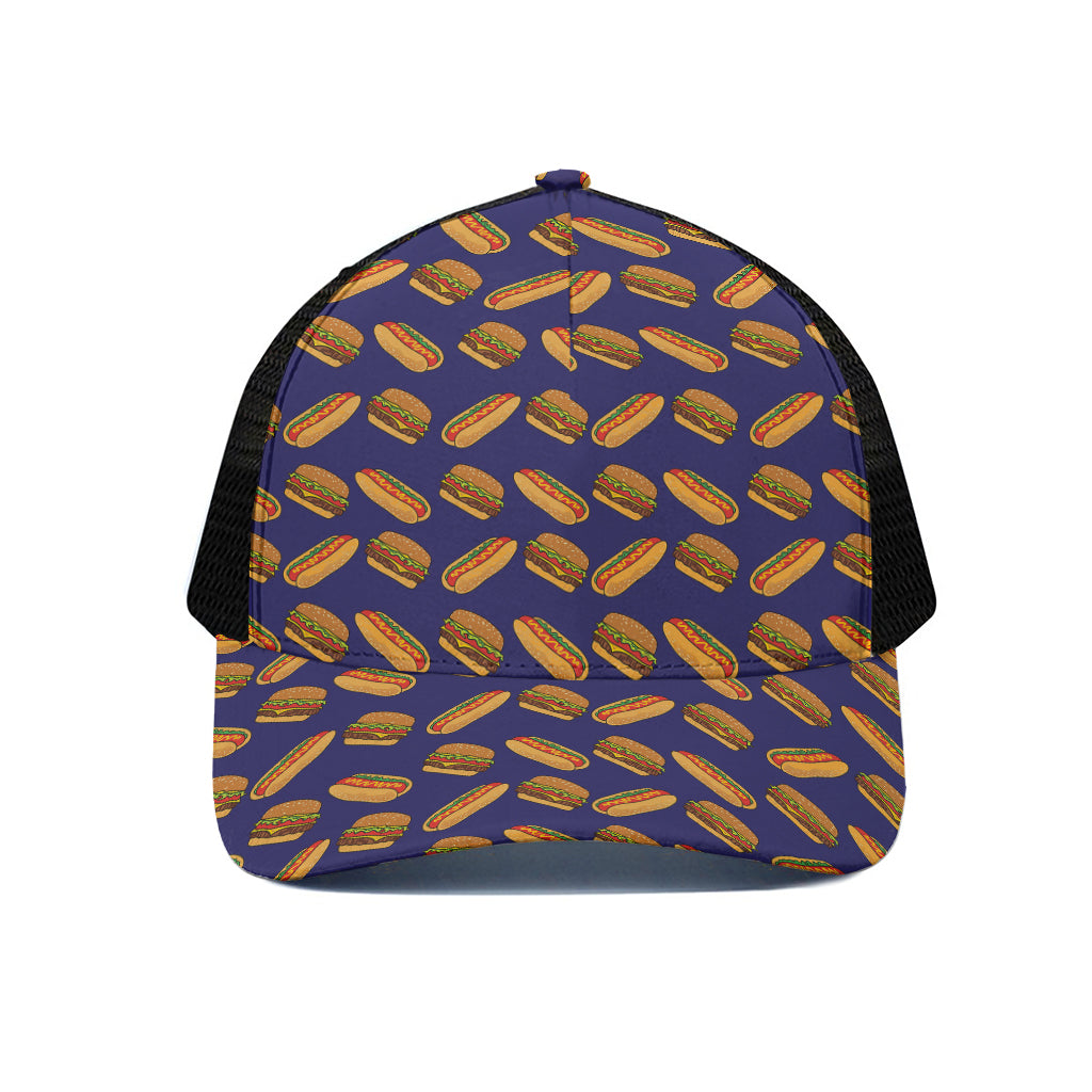 Hot Dog And Hamburger Pattern Print Black Mesh Trucker Cap