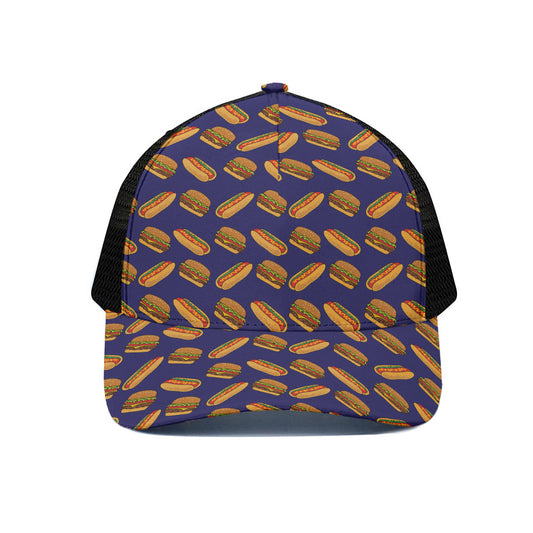 Hot Dog And Hamburger Pattern Print Black Mesh Trucker Cap