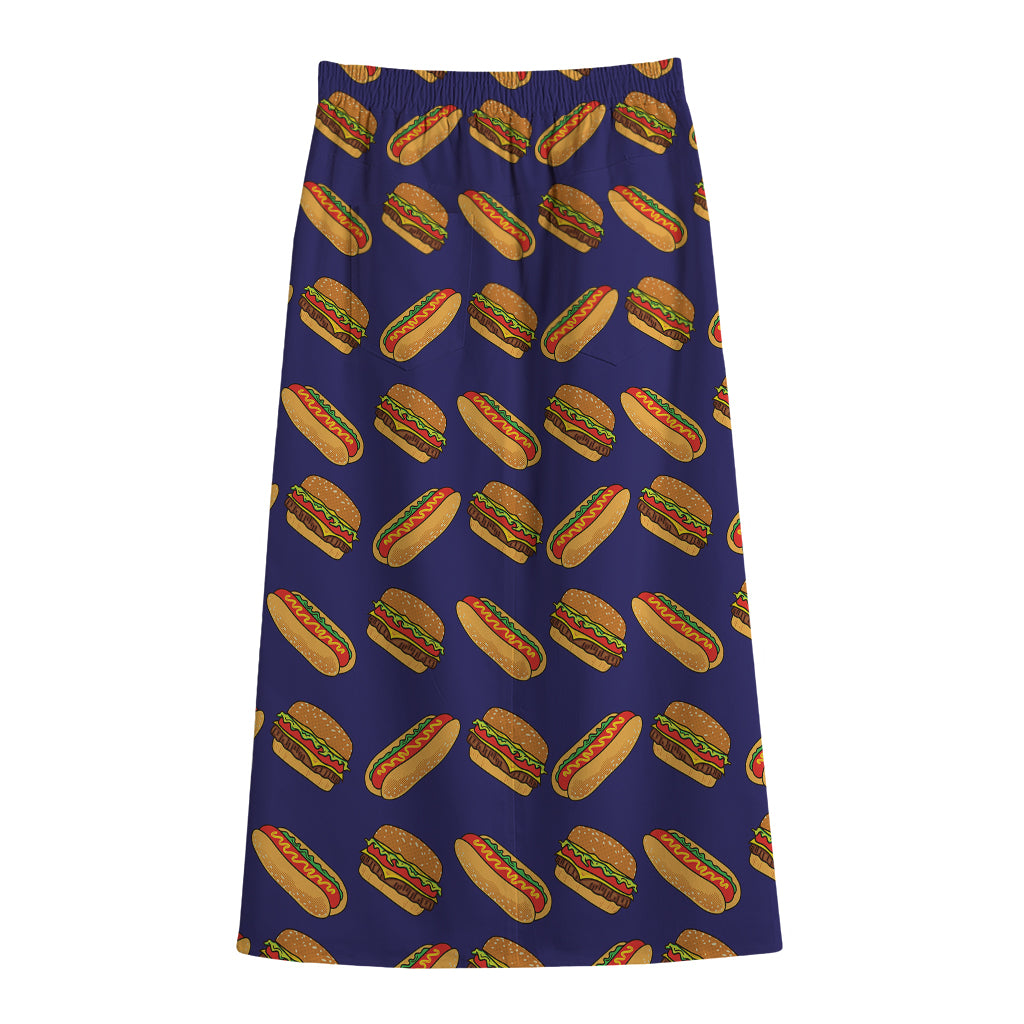 Hot Dog And Hamburger Pattern Print Cotton Front Slit Maxi Skirt