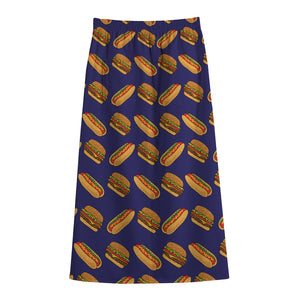 Hot Dog And Hamburger Pattern Print Cotton Front Slit Maxi Skirt