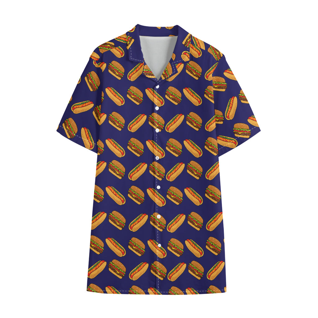 Hot Dog And Hamburger Pattern Print Cotton Hawaiian Shirt