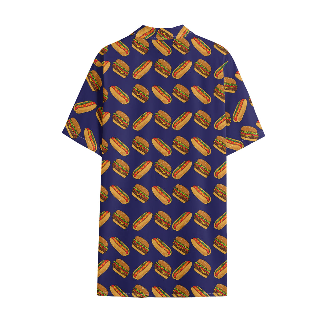 Hot Dog And Hamburger Pattern Print Cotton Hawaiian Shirt
