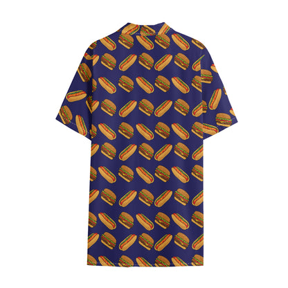 Hot Dog And Hamburger Pattern Print Cotton Hawaiian Shirt