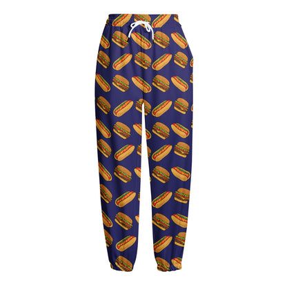 Hot Dog And Hamburger Pattern Print Fleece Lined Knit Pants
