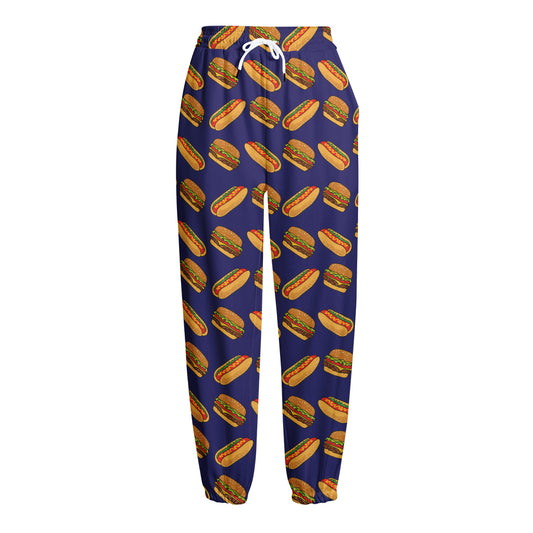 Hot Dog And Hamburger Pattern Print Fleece Lined Knit Pants