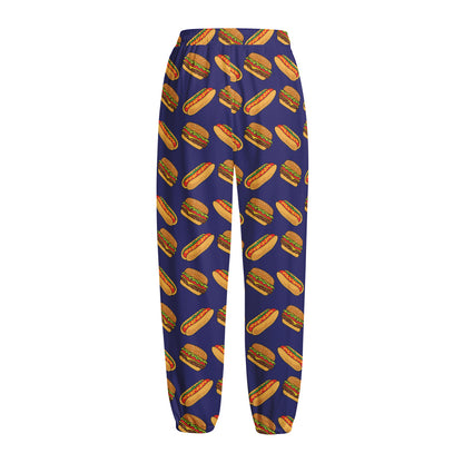 Hot Dog And Hamburger Pattern Print Fleece Lined Knit Pants