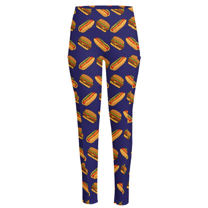 Hot Dog And Hamburger Pattern Print High-Waisted Pocket Leggings