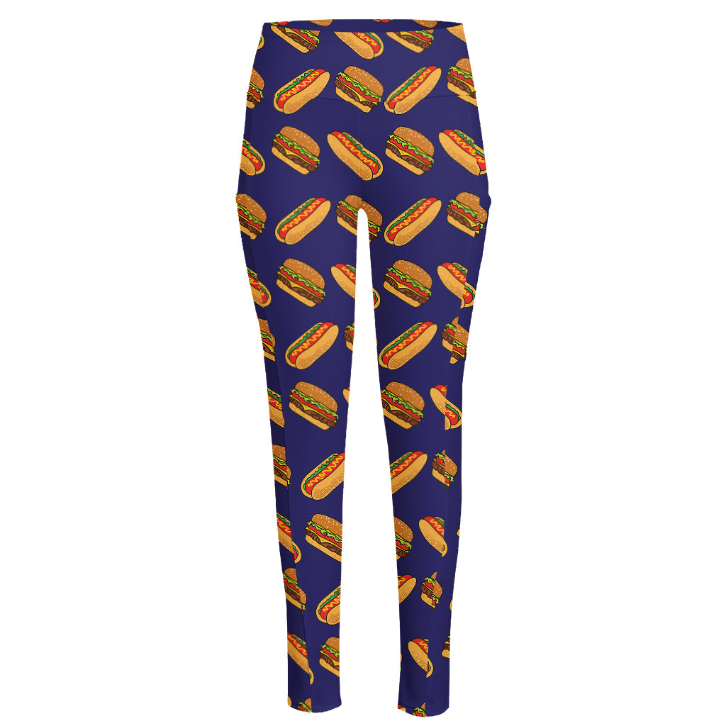 Hot Dog And Hamburger Pattern Print High-Waisted Pocket Leggings