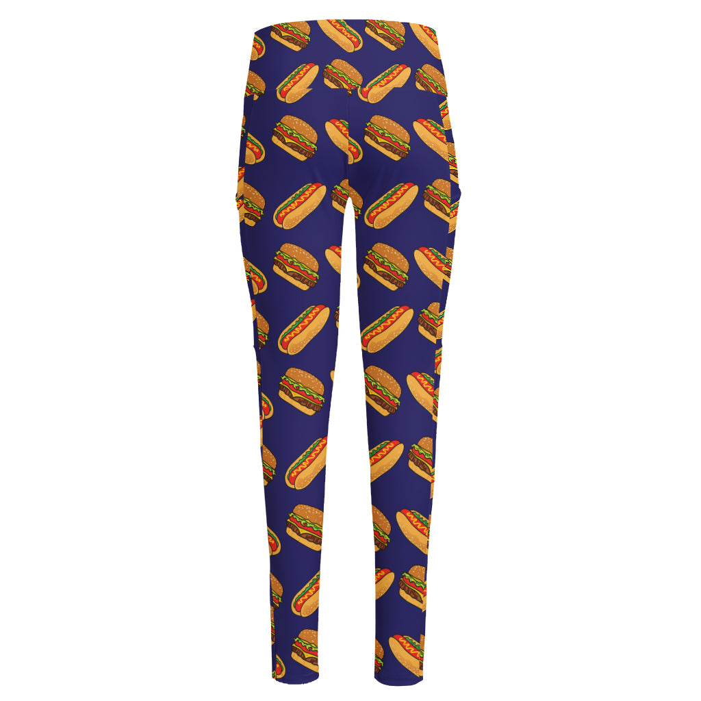 Hot Dog And Hamburger Pattern Print High-Waisted Pocket Leggings